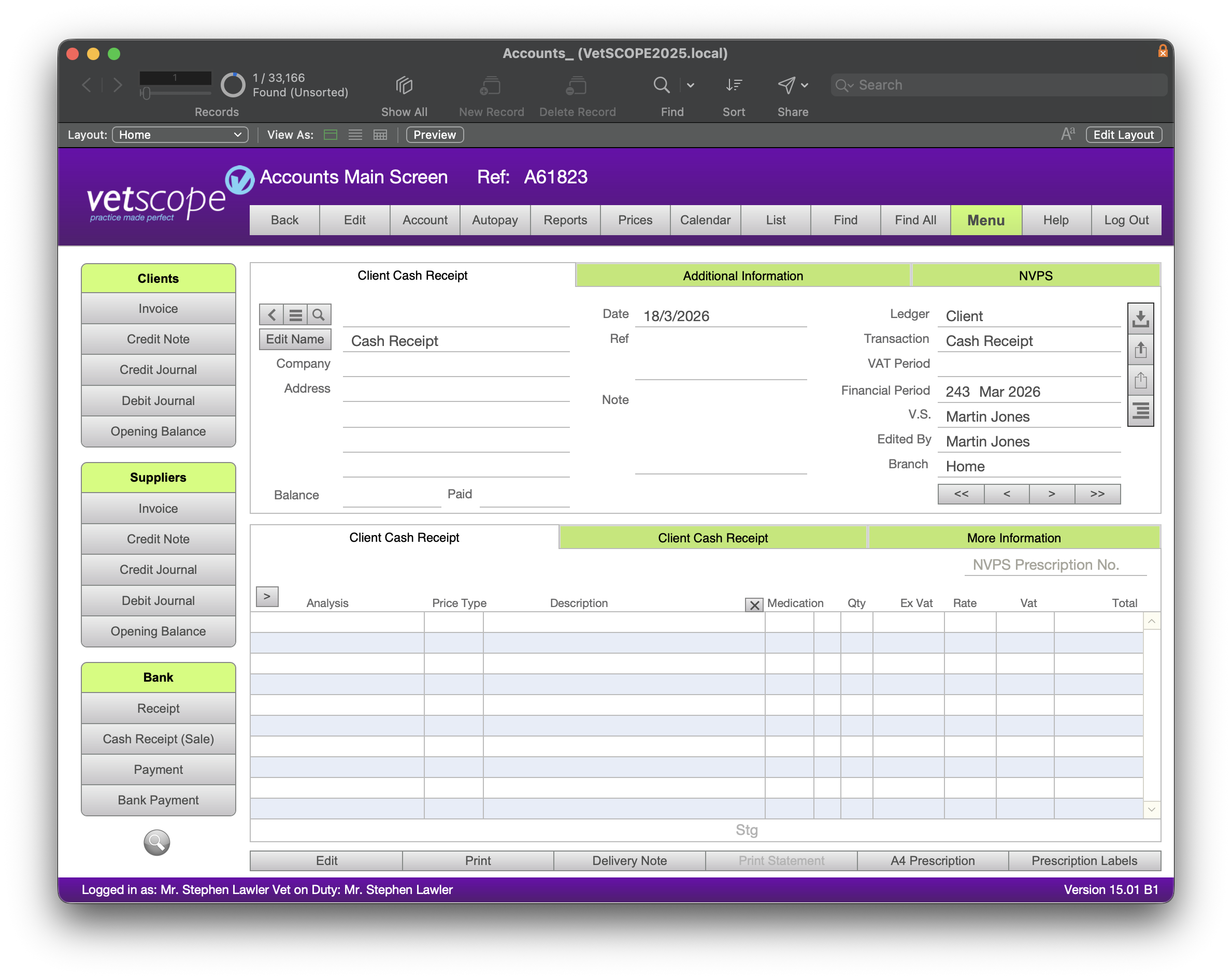 VetSCOPE Accounts Main Screen showing the four import/export buttons in the top right